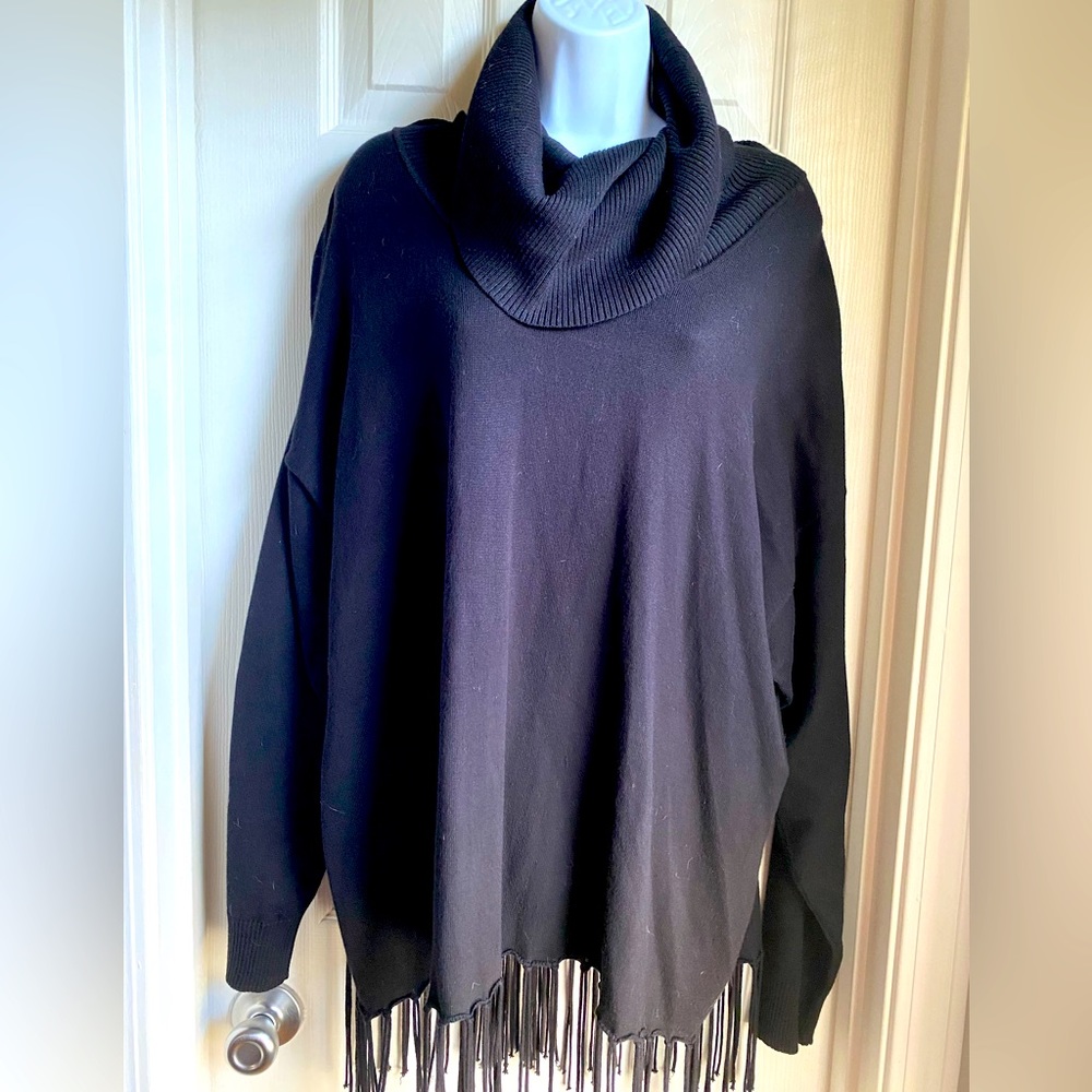 Raglan SleeveFringe Botton Cowl Neck Black Womens Sweater